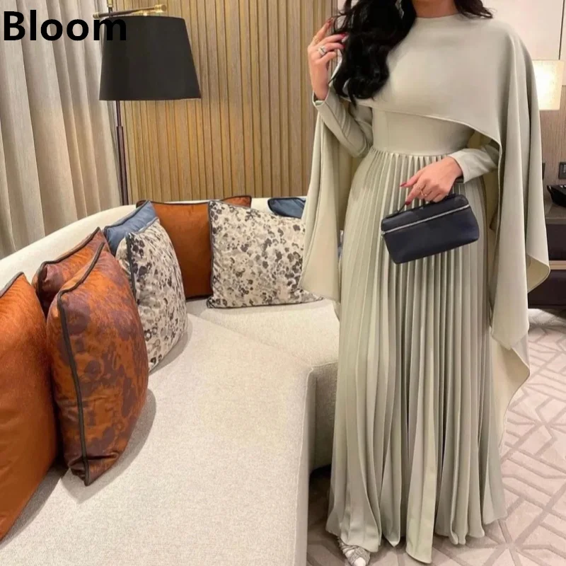 

Bloom Elegant Evening Dresses A line Long Sleeves O-Neck Prom Dresses with Crap Split Floor Length Formal Party Dresses