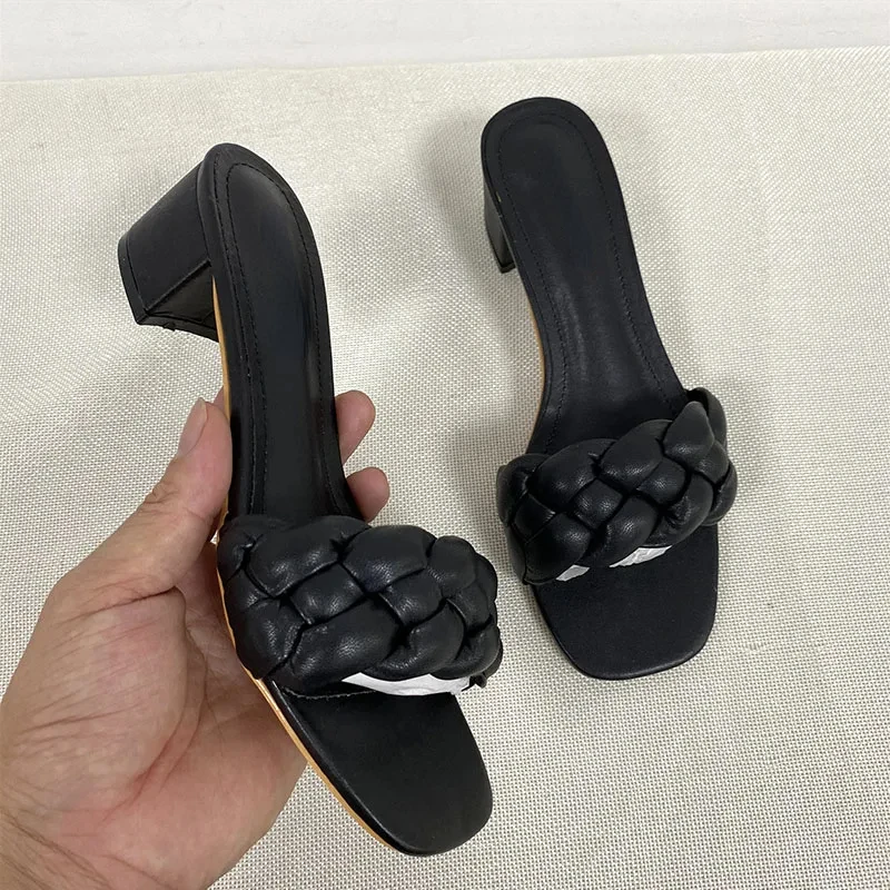 Square Low Heel Woman Sandals Summer Weave Designer Open Toe Fashion Mid Heels Leather Casual Outside Lady Beach Shoes