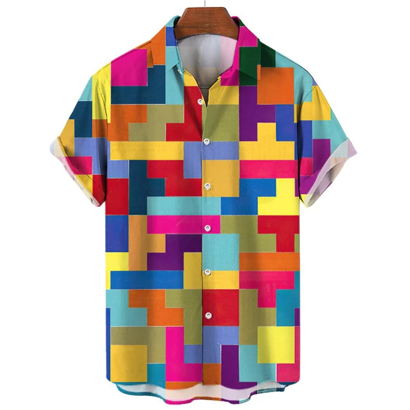 

Hawaiian Rainbow Colorful Plaid Shirt For Man Oversized 3d Print Hawaii Short Sleeve Shirt Simple Button Beach Clothing Tops Tee