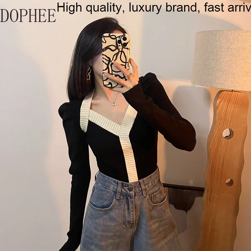 

Autumn 2023 New Winter Color Contrast V-neck Pullover Knitted Top Elegant Puff Long Sleeve Basic Knit Sweater Lady Crop Tops