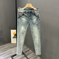 Spring Autumn Men's Distressed Denim Jeans Trendy Korean Slim Fit Casual Nine Point Pants Comfortable Breathable Male Model