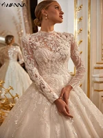 Modest High Collar Long Sleeve Wedding Dress Sparkly Sequins Beads Dress For Bride Luxury Bridal Gown Customized Robe De Mariée 1