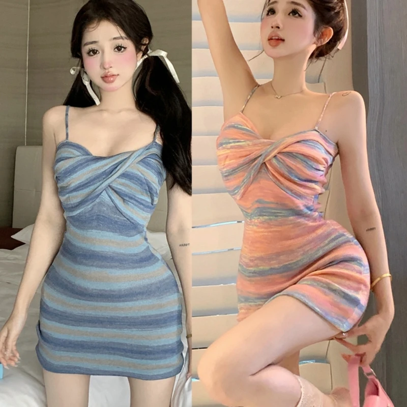 

Женское платье на тонких бретелях, полосатое облегающее мини-платье с передним краем, сарафан