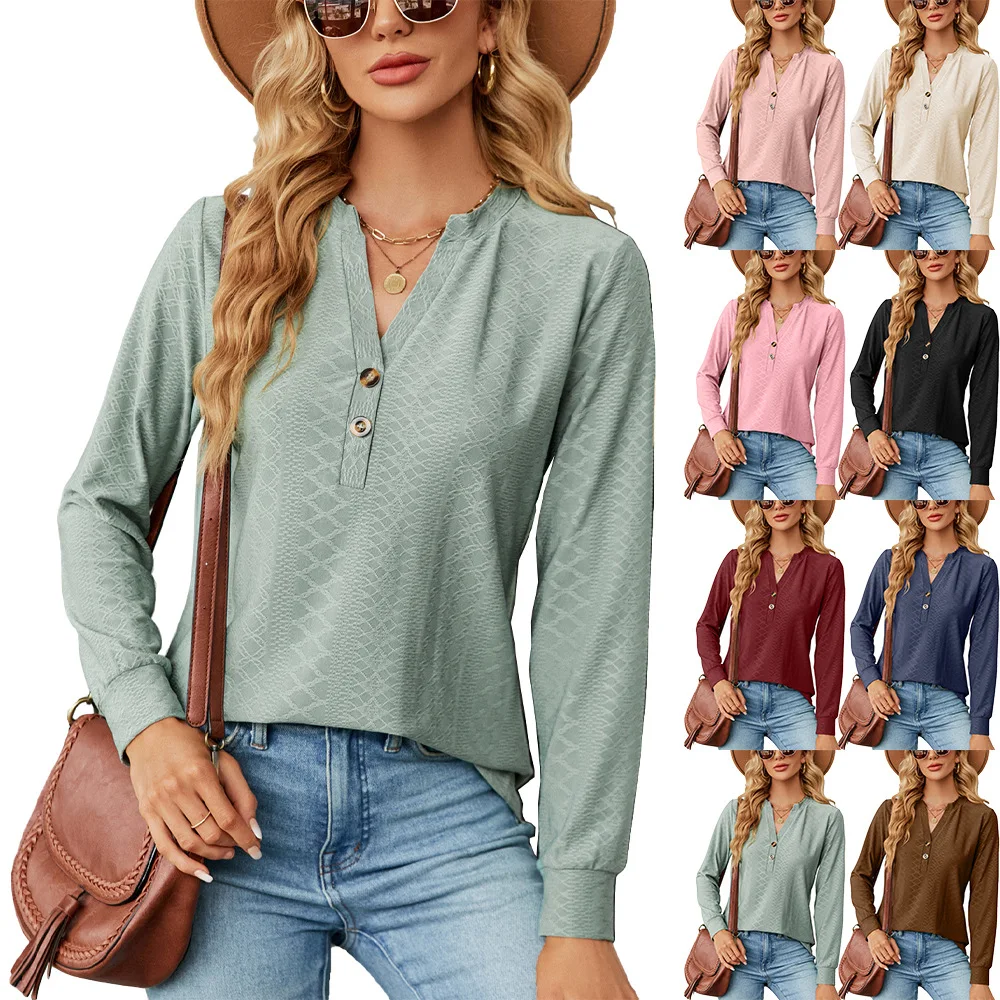 

2023 Europe and America Autumn and Winter Solid V-neck Button Jacquard Loose Sleeve T-shirt Top for Women Dresses for Women 2023