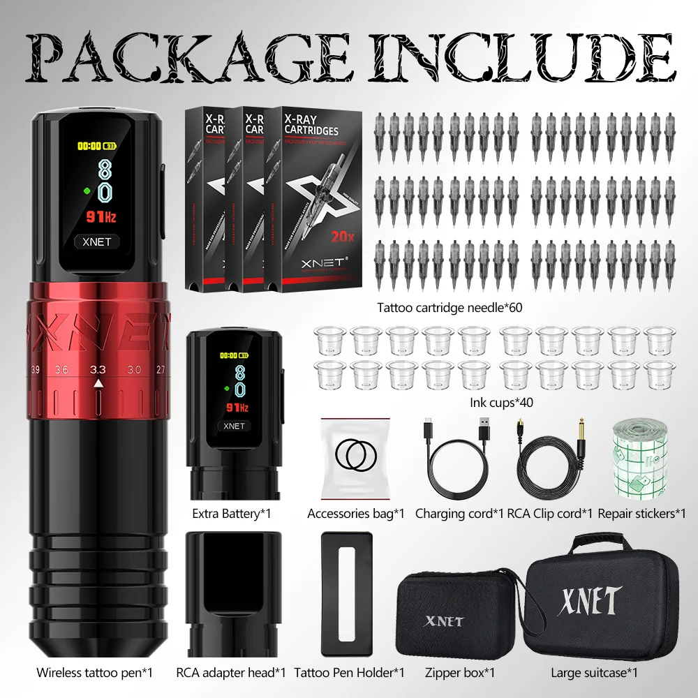 XNET Vipera Wireless Tattoo Machine Kit Adjustable Stroke 2.4-4.2mm OLED Display 60pcs Mixed Tattoo Cartridge for Tattoo Artists 6