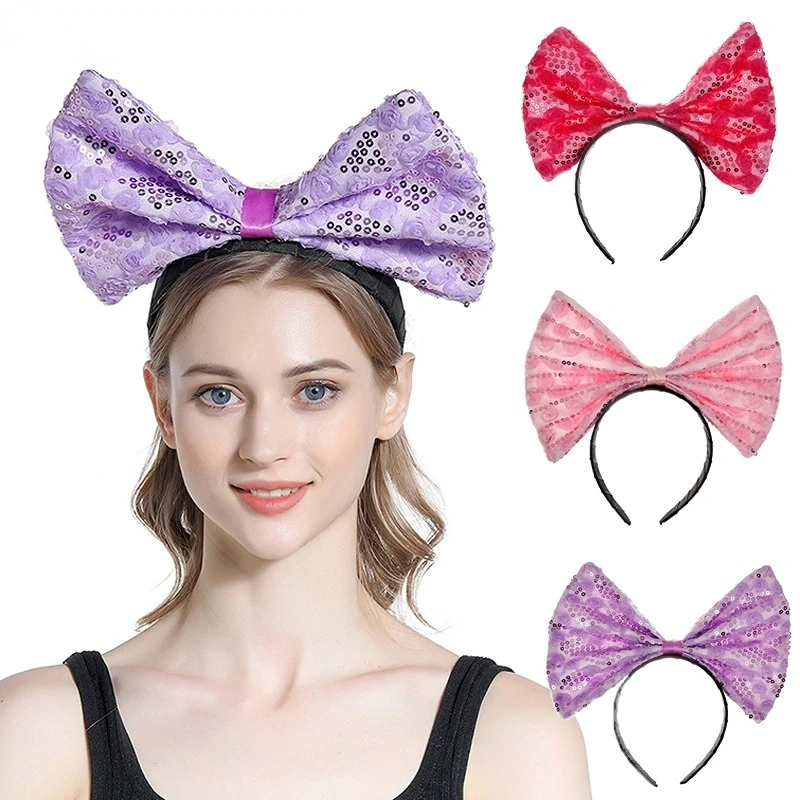 Women Girls Cloth Lace Sequin Big Bowknot Headband Solid Color Cute Bow Knot Headwear for Cosplay Party Wedding  Halloween