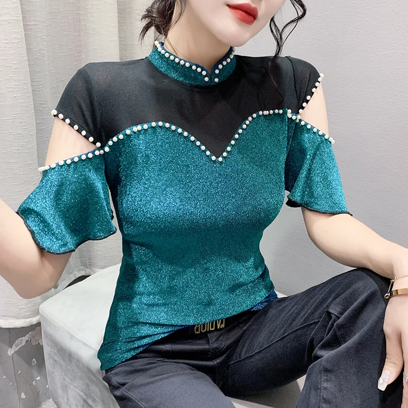 

2023 New Summer European Clothes T-Shirt Chic Sexy Stand Collor Hollow Out Shiny Beading Women Tops Ruffles Sleeve Tees 34194