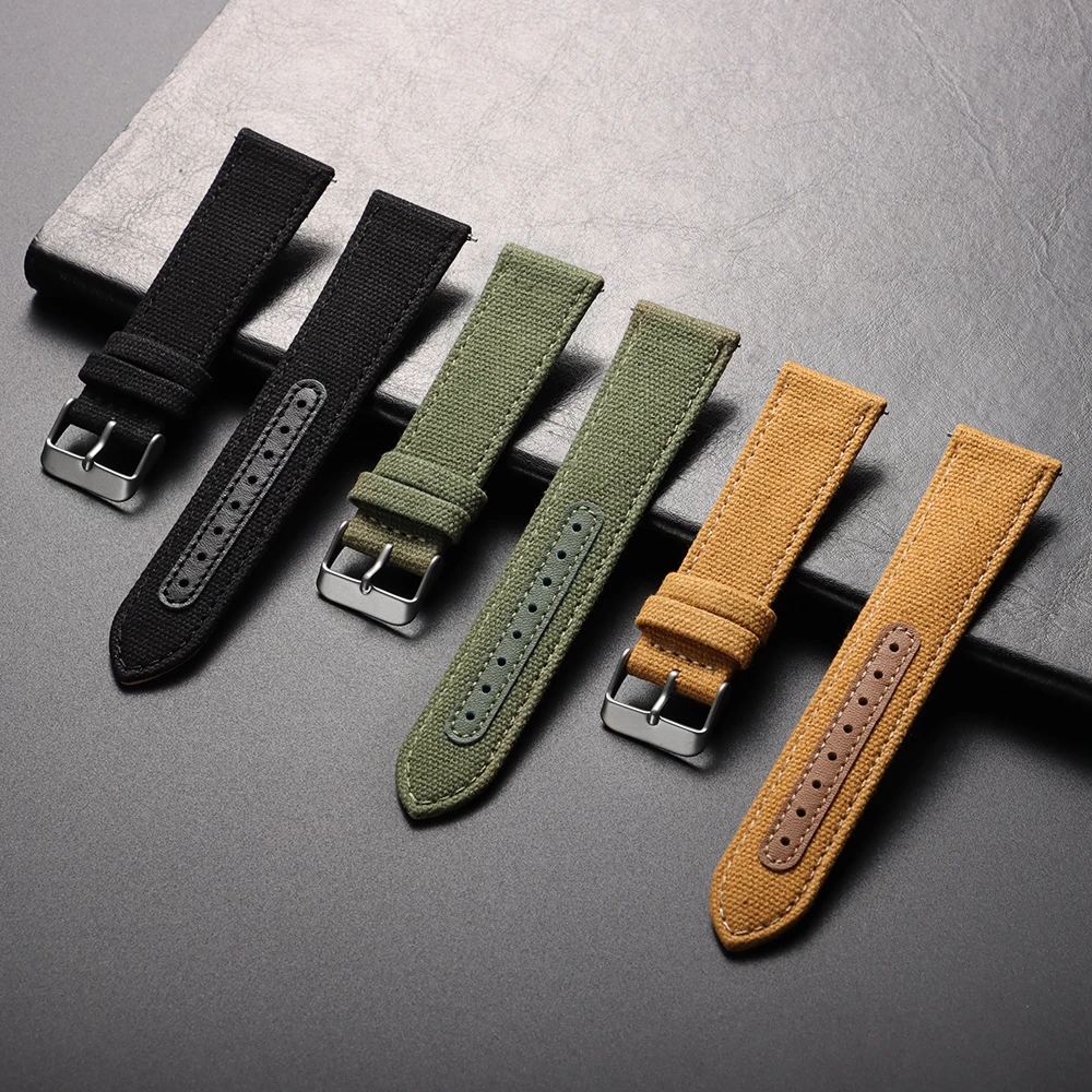 Vintage Nylon Watch Strap, Handmade Quick Release Bracelet, Black Khaki Green