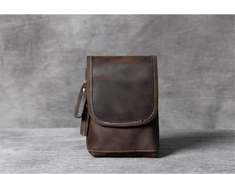 Hochwertige Schlichte Crazy Horse Rindsleder Herren-Umhängetasche Lässige Vintage Echtleder Kleine Handy-Schultertasche Gürteltasche – Detail 9