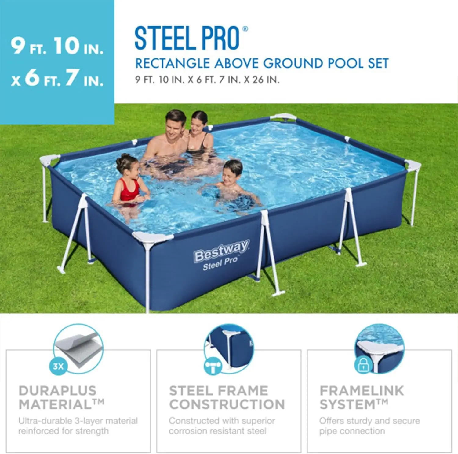 Steel Pro 9.8' x 6.6' x 26" Rectangular Steel Frame Above Ground Outdoor Backyard Swimming Pool Set with 330 GPH Filter Pump