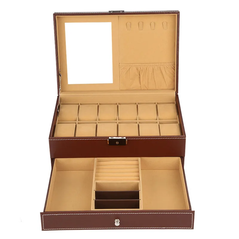 12 Slots Watch Box Organizer for Men Mens Watches Display Case Jewelry Storage Box Holder with Drawer for Rings Necklaces