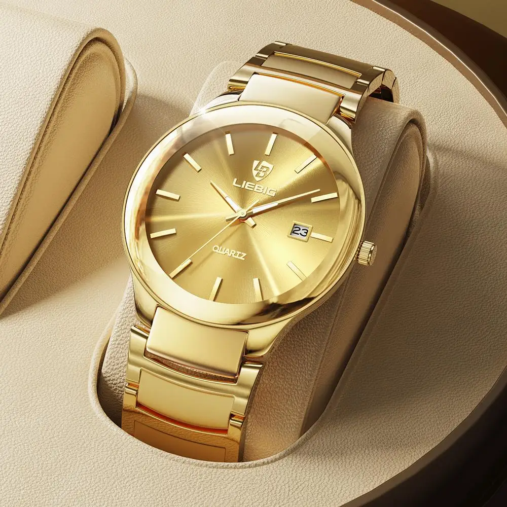 LIEBIG Japan Quartz Movement Luxury Steel Bracelet Waterproof Golden Wristwatches For relogio Masculino Clock L1034 Men's Watche