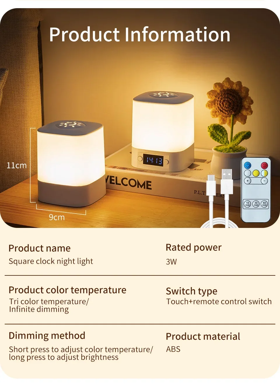 Rechargeable Led Night Light with Time Display USB-Powered Adjustable Brightness Bedside Lamp for Baby Nursery Reading Bedroom