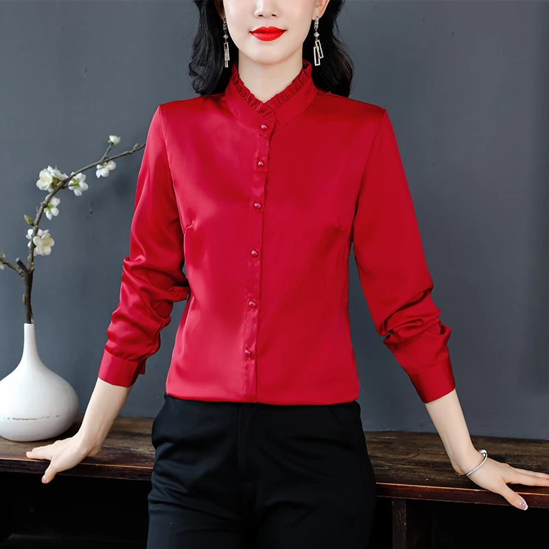 Women Ruffles Solid Fashion Blouse Spring New Casual Temperament Dignified Shirt Office Lady Simple Long Sleeve Tops