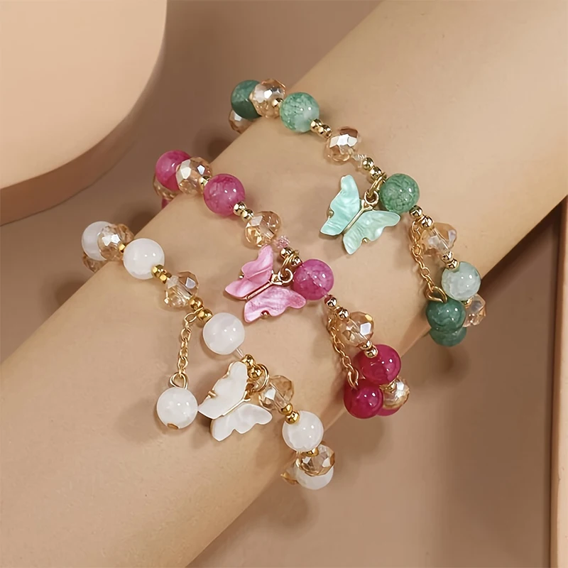 3Pcs/Set Purple Butterfly Charm Bead Stretch Bracelet For Women Multi Color Crack Faceted Beads Round Charm Girls Jewelry Gift