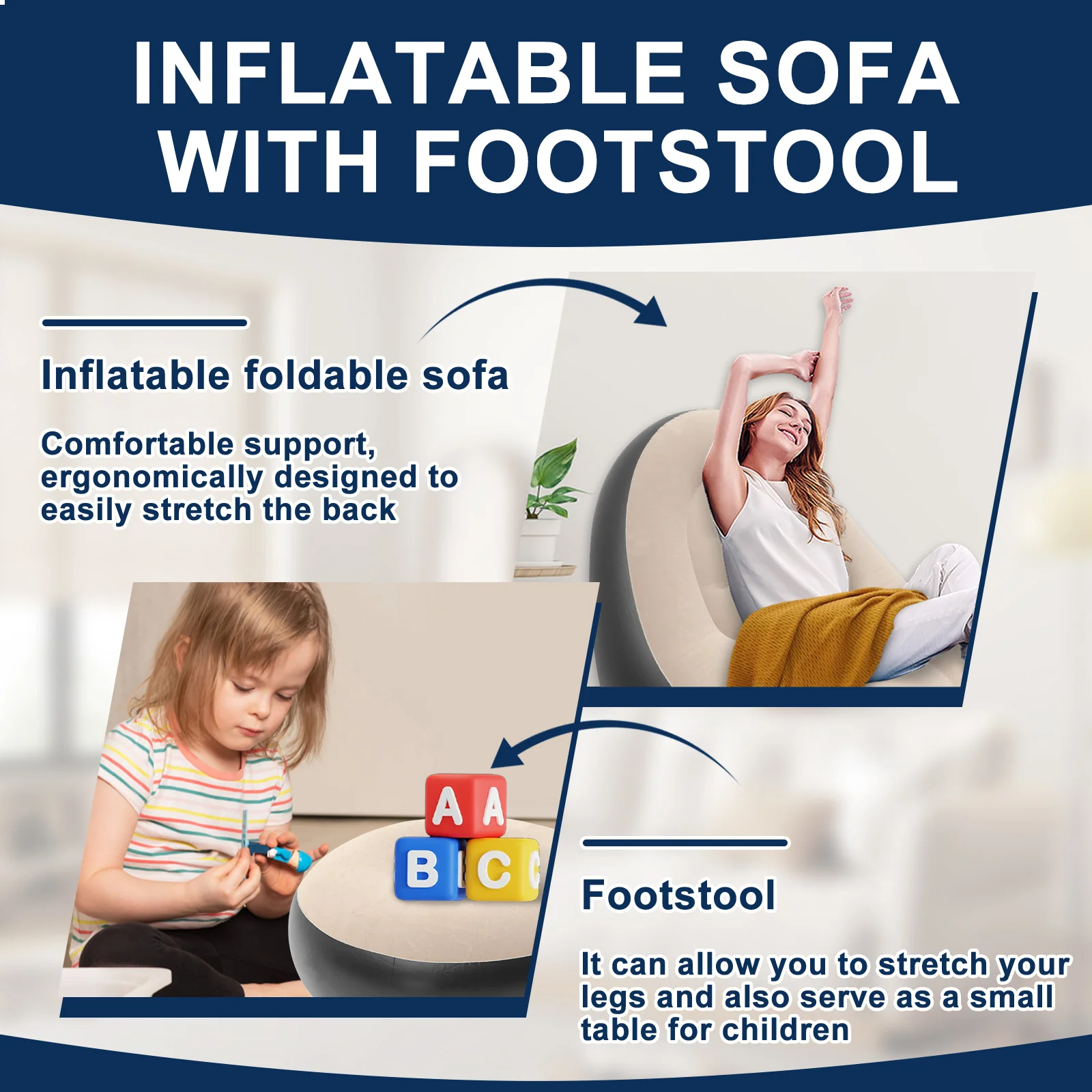 Portable Inflatable Lazy Chair PVC Air Couch Sofa with Foot Pad & Repair Patches Ergonomic Blow Up Lounger Chair for Living Room