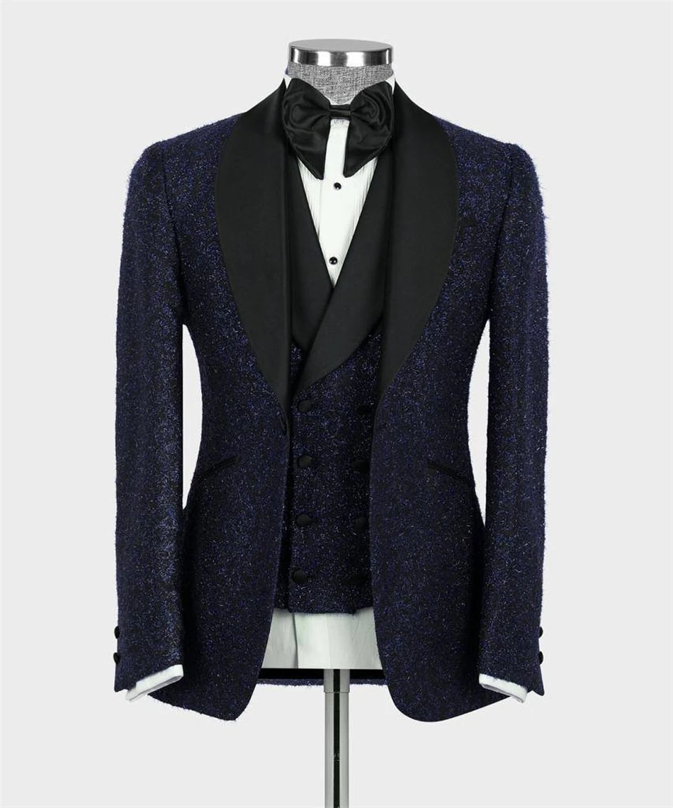 Glitter Navy Blue Men's Suit for Wedding Groom Tuxedo 2 Vents Blazer Vest Pants Special Occasion Party Male Jacket Suits Set