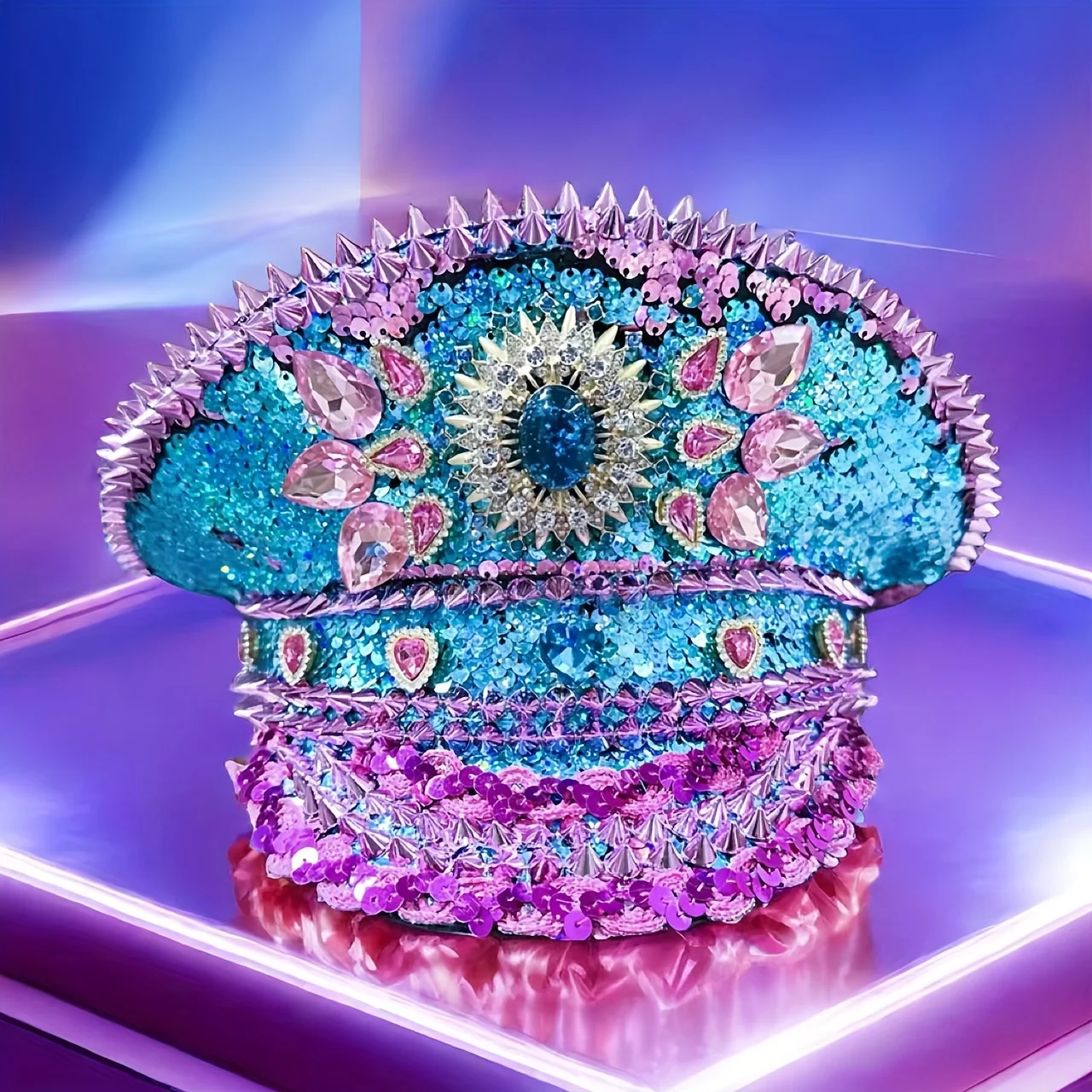 Vrouwen Burning Man Sequin Hat Festival militaire kapitein hoeden met bril (zwart goud