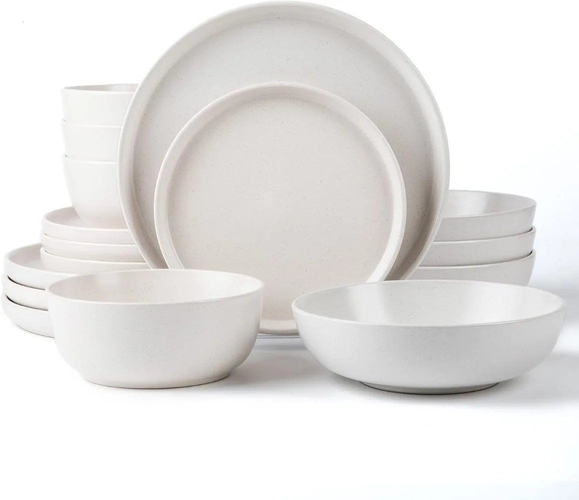 ARORA SKUGGA Round Stoneware 16pc Double Bowl Dinnerware Set for 4, Dinner and Side Plates, Cereal and Pasta Bowls-Matte White
