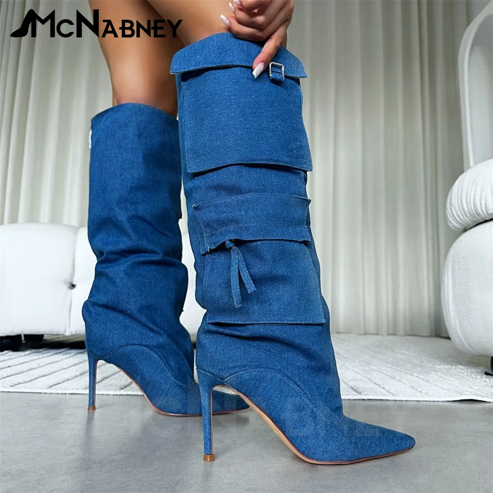 

Denim Pocket Boots Dark Blue Stiletto Boots Fashion Style Pointed Toe Sexy Boots for Women Green Punk Stylish Style Modern Boots