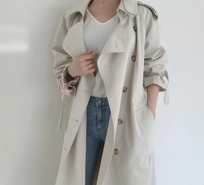 Women Long Trench Coat New Spring Autumn Casual Lapel Double Breasted with Belt Loose Coat Office Lady Korean Fashion Outerwear