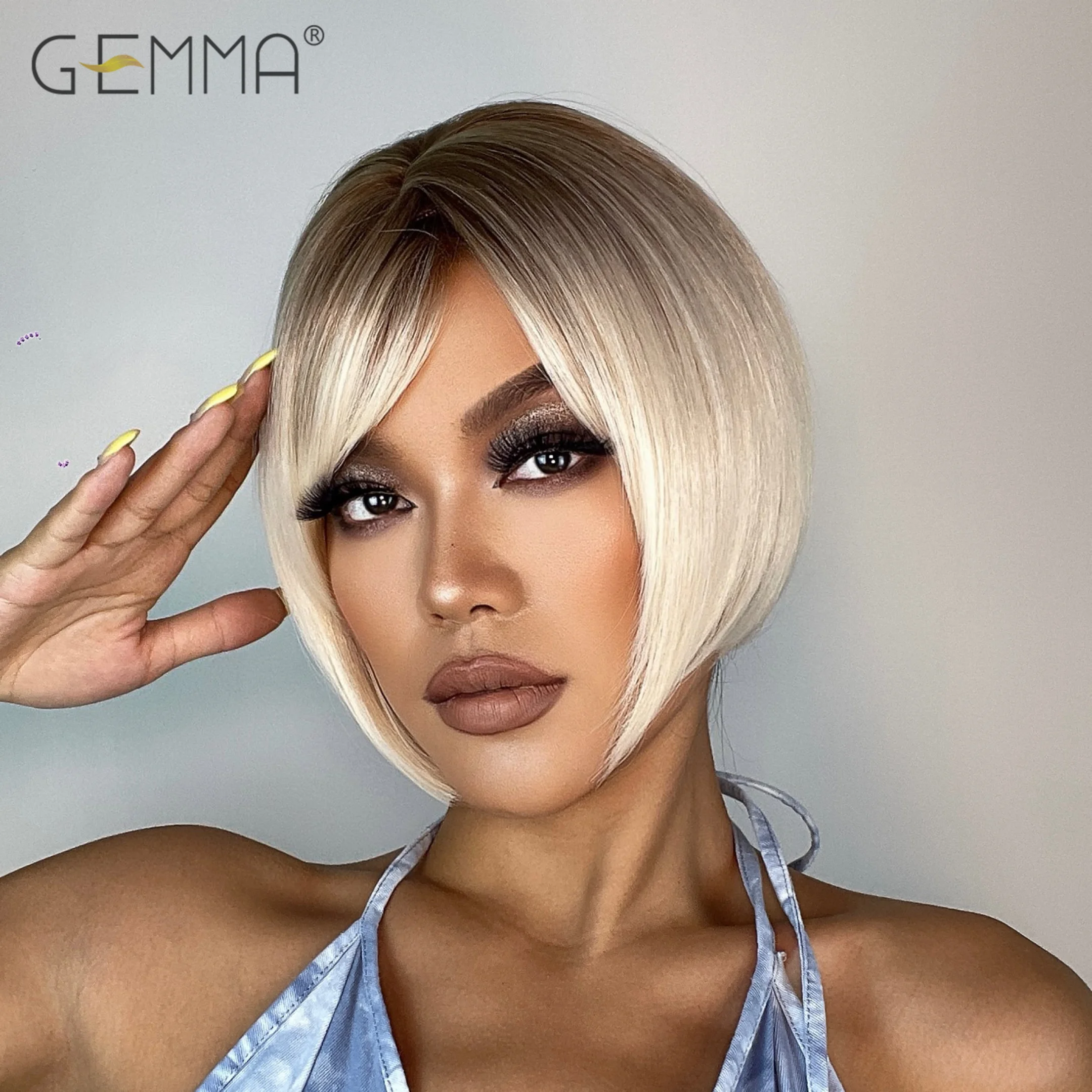 Se9df05d0d4b74ae0bae46012cd4f81acf Platinum Blonde Ombre Bob Wig with Bangs for Black Women Cosplay