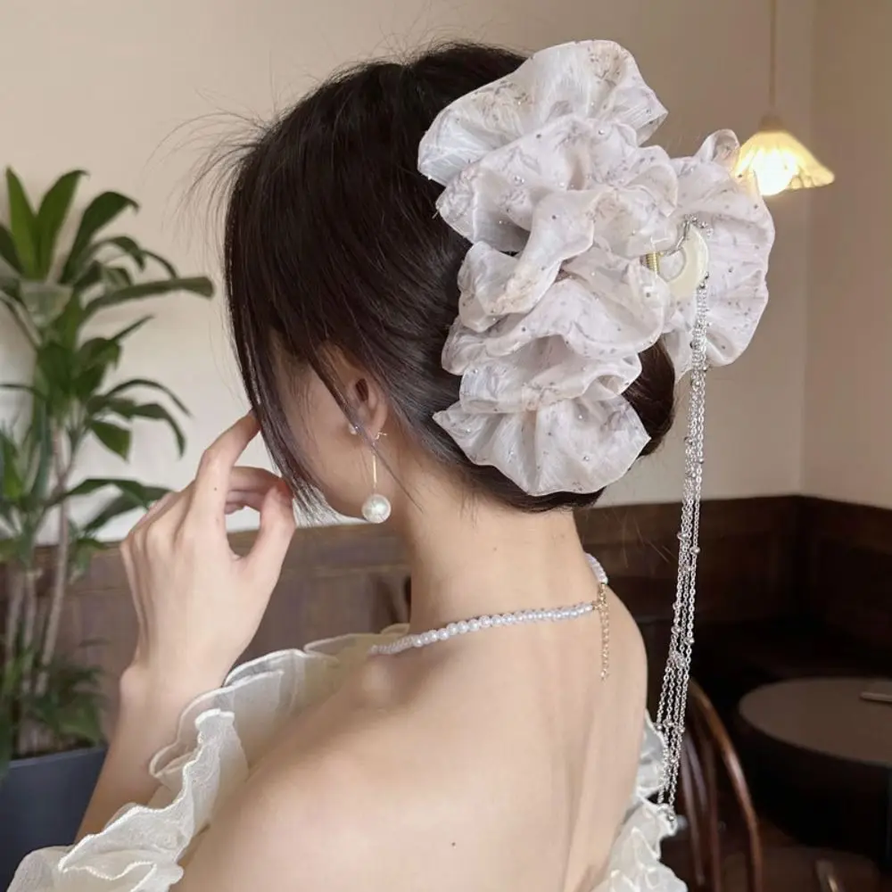 

Chiffon Bow Hair Claw Sweet Print Tassel Mesh Ponytail Clip Korean Style Hair Accessories Bow Shark Clip Party