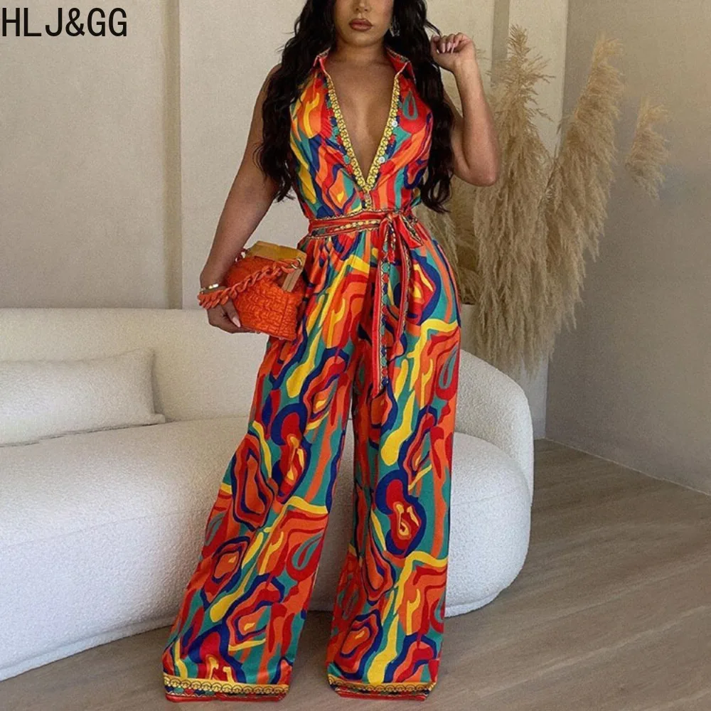 HLJ&GG Casual Retro Printing Lace Up Jumpsuits Women V Neck Short Sleeve Wide Leg Pants Playsuits Female Bandage Overalls 2023