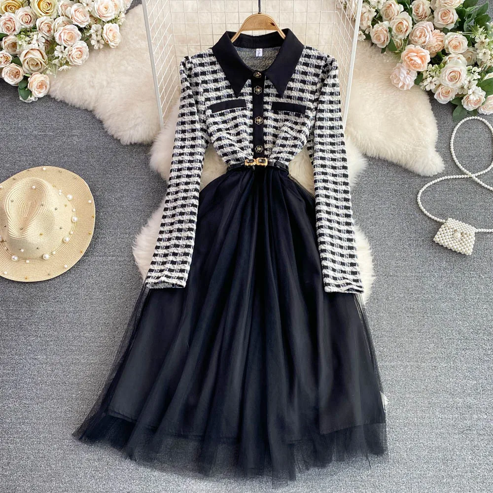 

Autumn and Winter High-end Small Fragrance Style Ladies Temperament Lapel Plaid Knitted Waist Thin A-line Mesh Dress