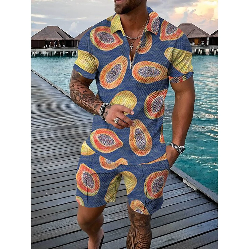 

Summer men's sports set Pineapple strawberry 3D printed short-sleeved zipper Polo shirt shorts set 2-piece men's oversized stree
