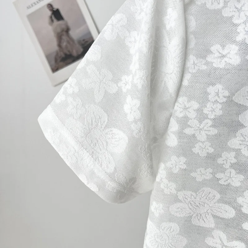 100kg Plus Size Women's Top Summer New Style Casual Collar Lace short-sleeved T-shirt 8018