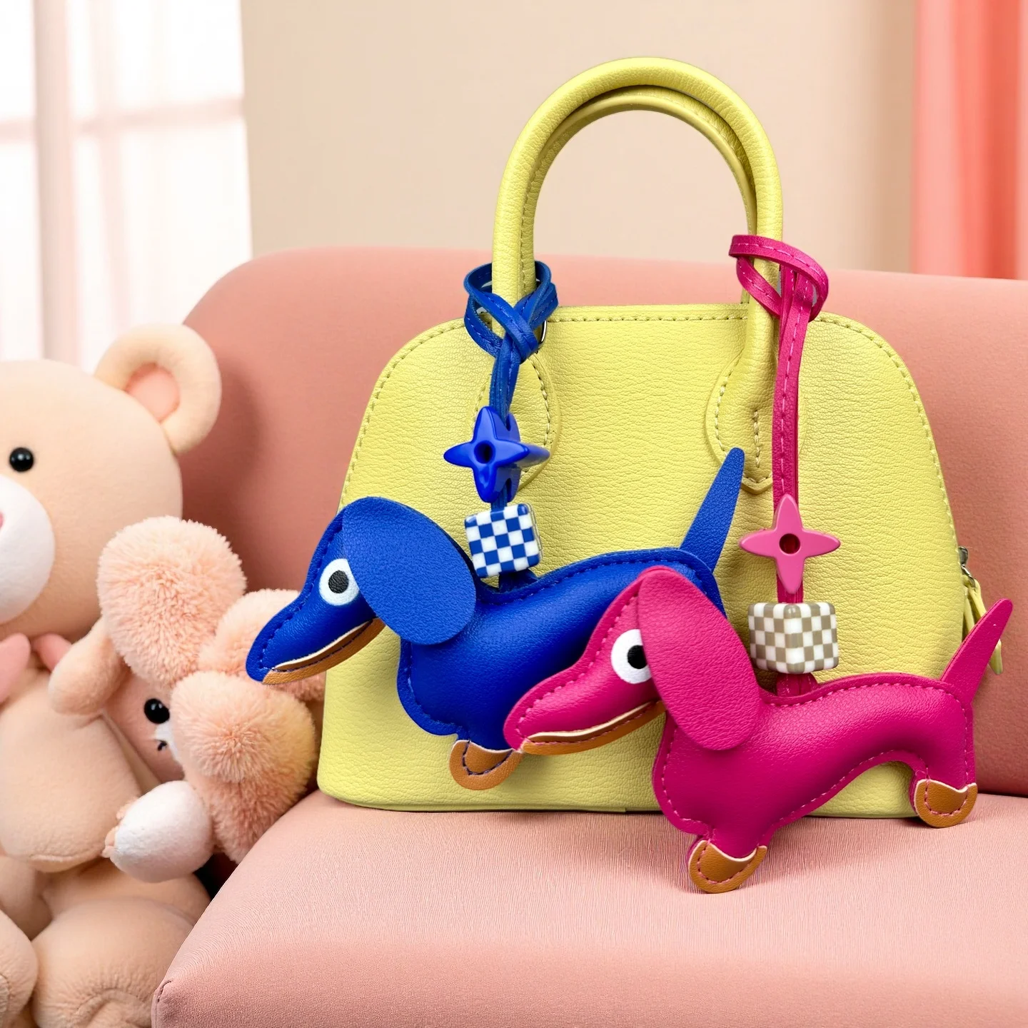 Vibrant electric blue and hot pink PU leather Dachshund dog bag charms with decorative beads hanging from a lime green purse.