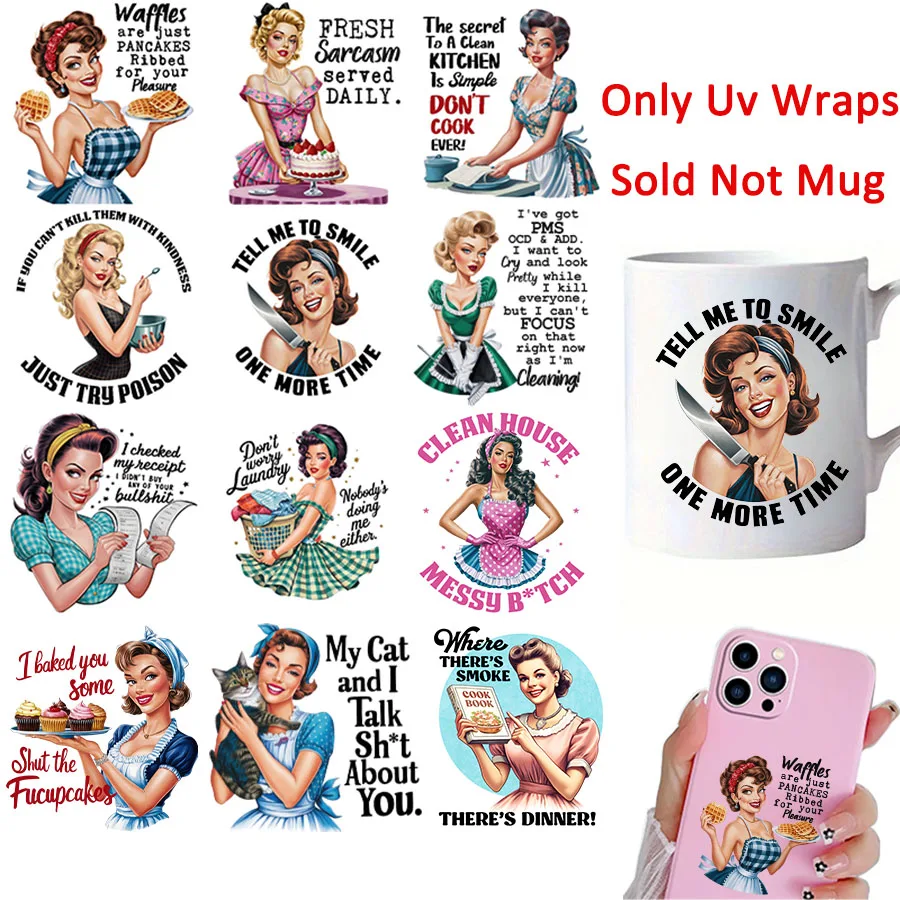 Funny Retro Women Sarcastic Housewife UV DTF Cup Wrap Transfer Sticker 12pcs Glass Coffee Mugs Decoration Cards Decal Decor dtf transfer sticker