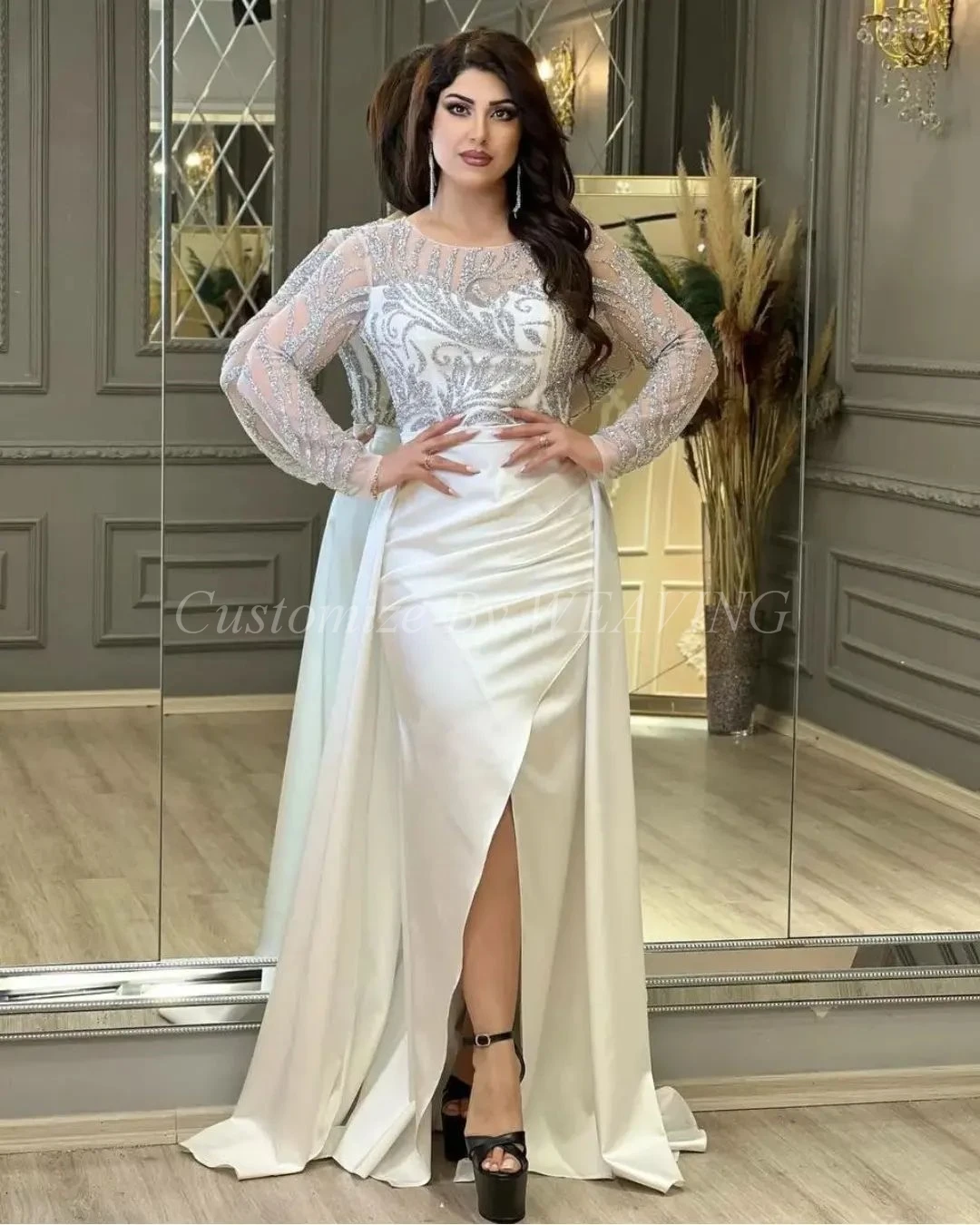 

Mermaid Ivory Satin Long Sleeves Prom Dresses O-Neck Beadings Floor Length Saudi Arabic Women Evening Party Dress