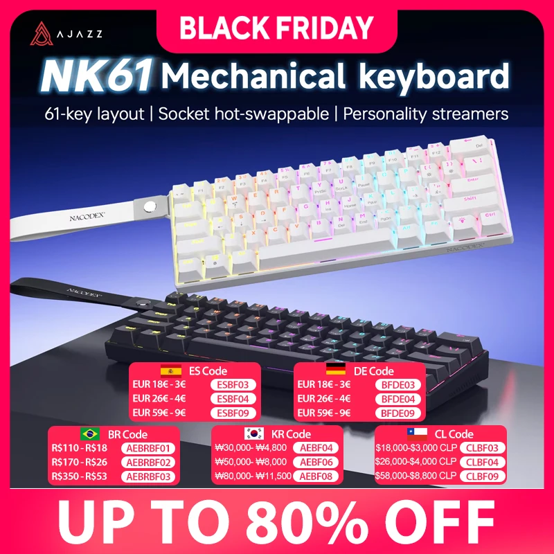 Ajazz nk61 teclado mecânico para jogos com fio 60% rgb hot