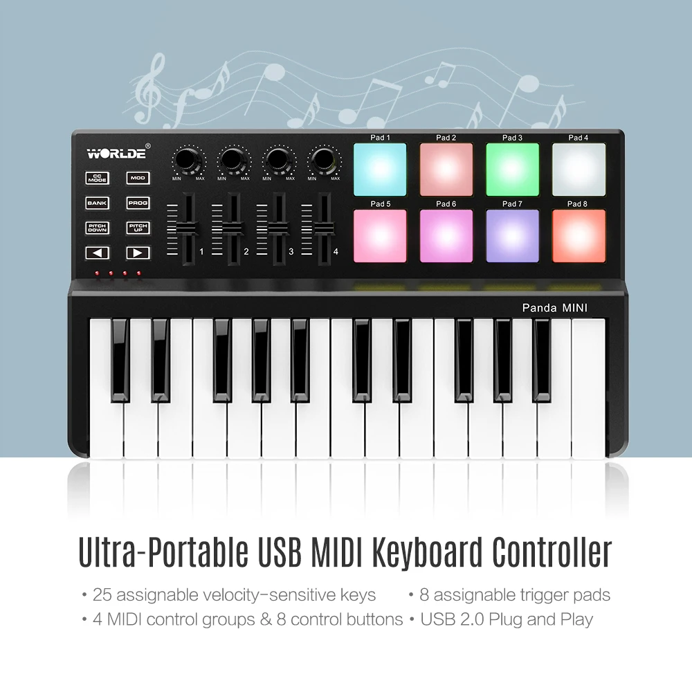 

MIDI-контроллер WORLDE PANDA25 компактный, 25 клавиш, USB MIDI-контроллер с клавиатурой, 8 цветных RGB триггеров с подсветкой и USB-кабелем
