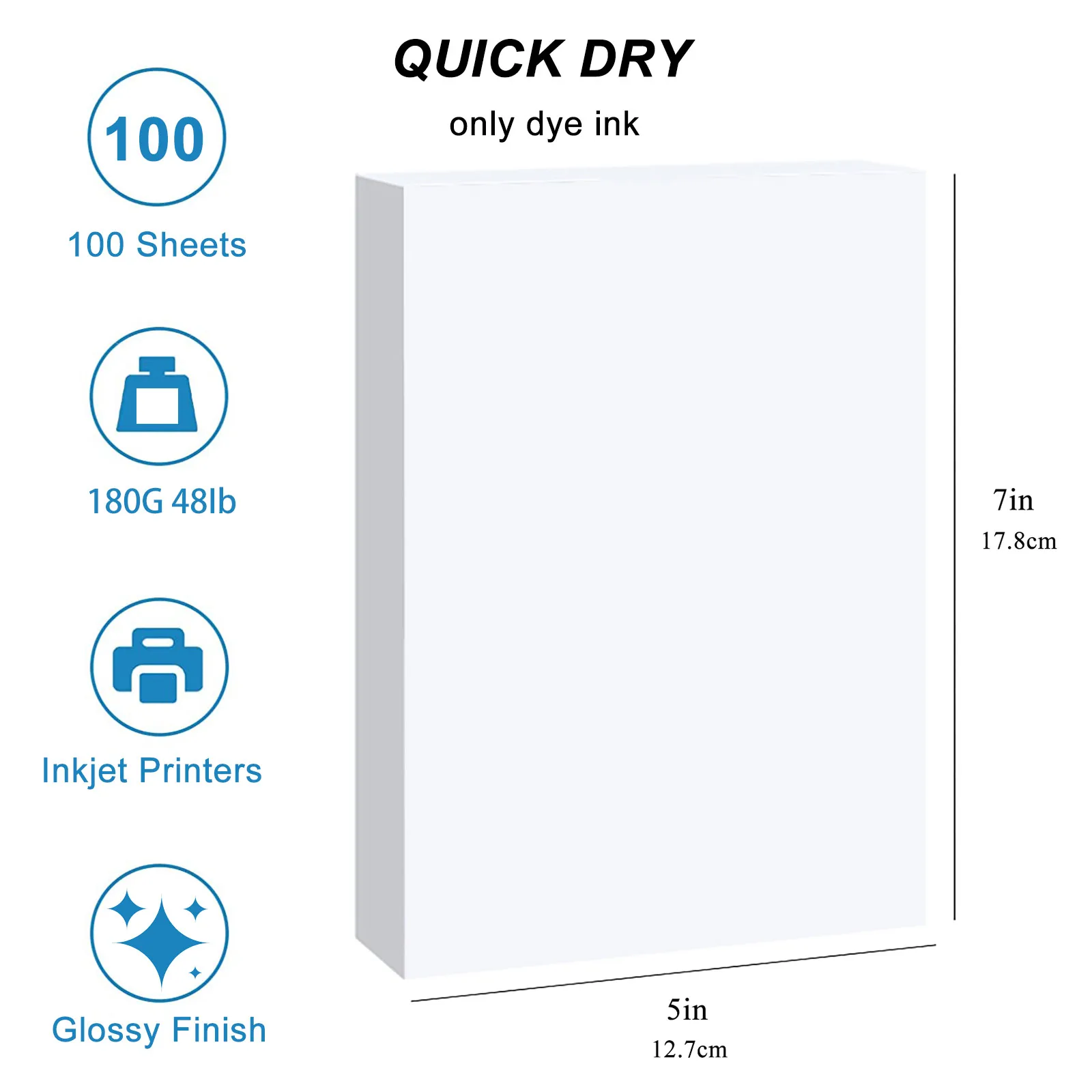 100매 5x7인치 프리미엄 광택 사진 용지 180GSM 크기(127×178mm) 프린터용 사진 프린터 용지 광택 흰색 사진 용지