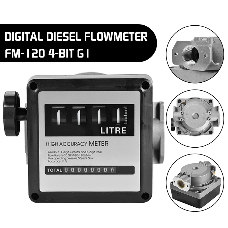 

1pcs FM-120 Mechanical Fuel Gauge 4Digit Fuel Flowmeter Digital Diesel Gasoline Flow Meter Internal Thread 20-120L/Min