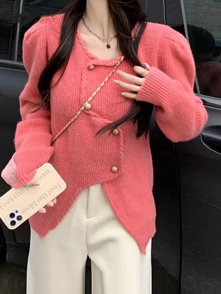 

2023 Autumn Kniteed Cardigan Woman Korean Casual Loose Street Cardigan Female Green Purple Pink Sexy Women Cardigan