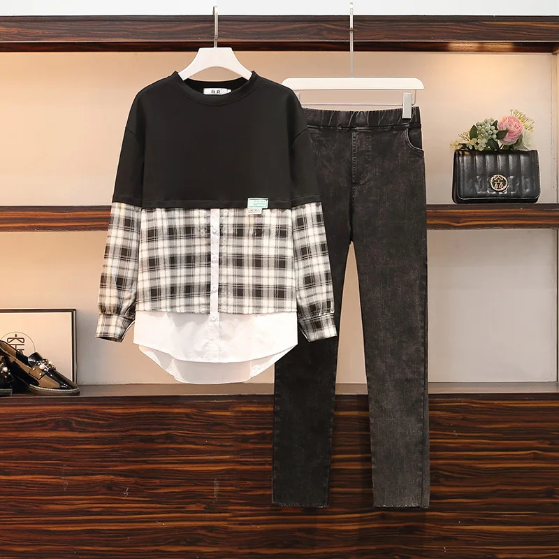 2023 Autumn Winter Women's Long Sleeve Patchwork Sweatshirts American Retro Plaid Round Neck Female Fashion Vintage Tees Top