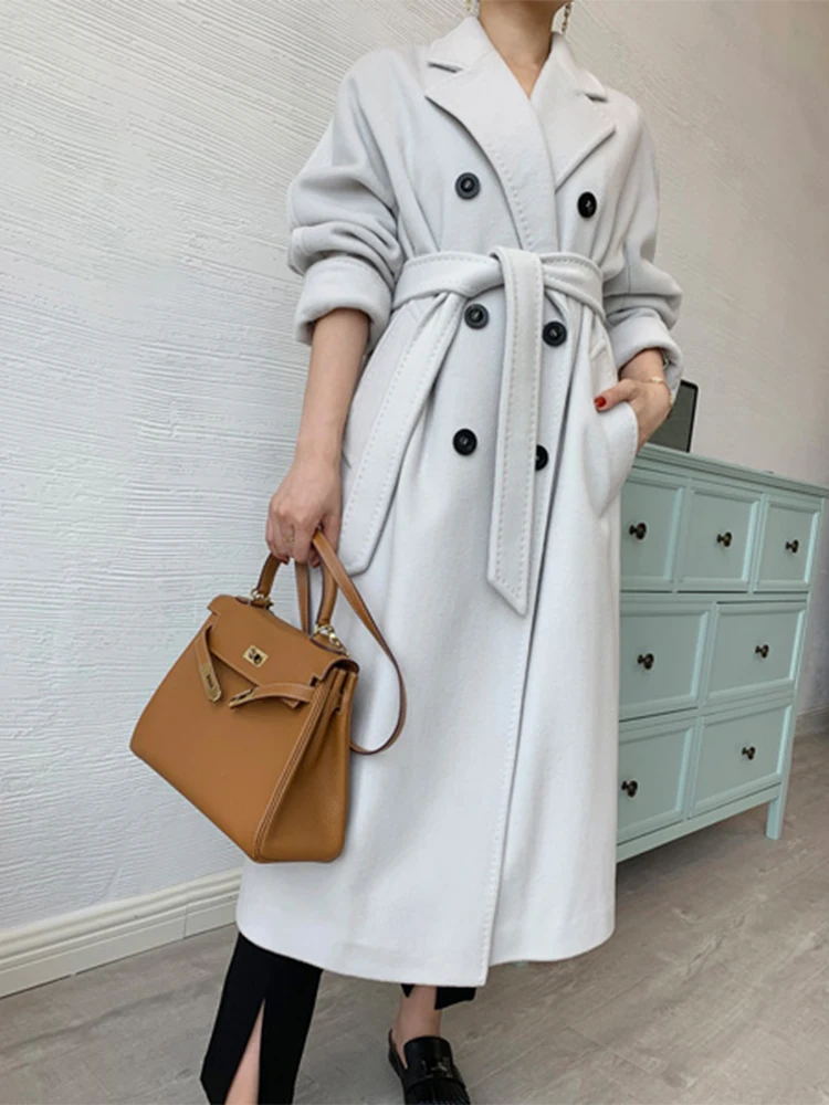 

2023 New Vintage Natrual Cashmere Wool Coat Women Loose Double-breasted Long Sleeve Autumn Winter Fashion Warm Woolen Jacket Fem