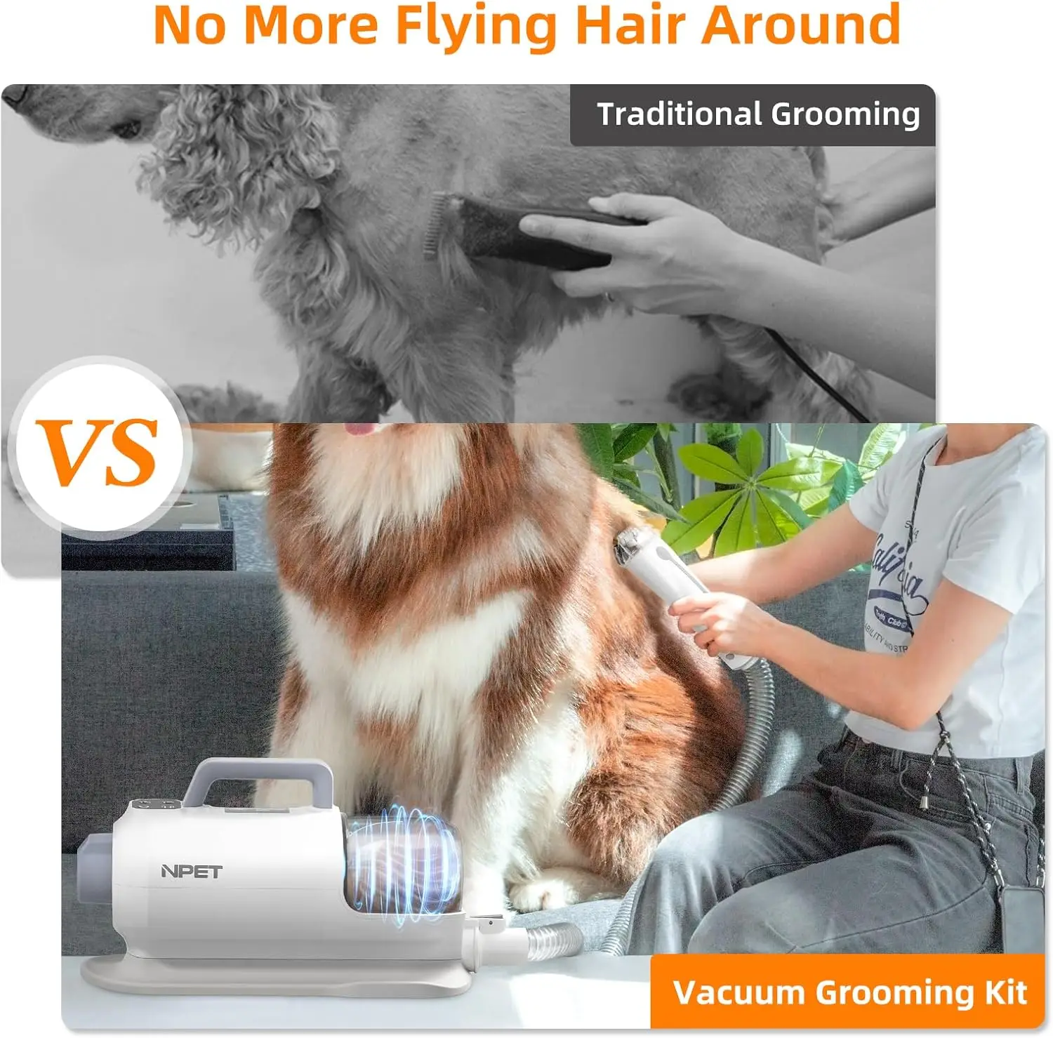NPET Dog Grooming Kit 6 Grooming Tools Pet Hair Vacuum Suction & Dryer 2 in 1 For Shedding Dogs Cats