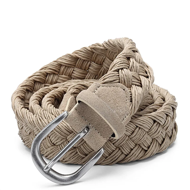 

Men Suede Leather Knitted Belt with Wax Rope Braided Strap Antique Silver Buckle Without Holes Cotton Weave Handwork Belts Beige