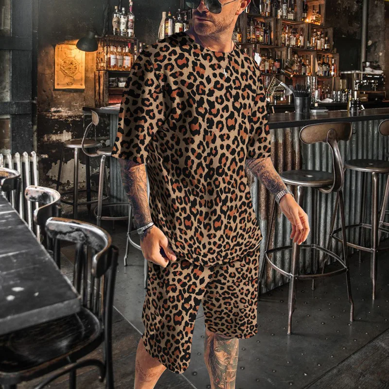 Leopard Print T-shirt New Summer Fashion Men's Streetwear Sports Short Sleeve T Shirt+Shorts 2 Pcs Sets Men Tracksuit jogging