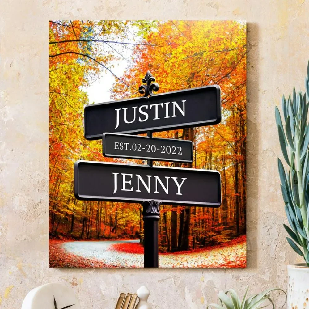 

Crossroads Sign Couple's Name and Date on Street Sign Autumn landscape Canvas Prints Love Gift for Anniversary,Wedding