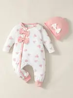 0-2 Year Old Newborn Baby Gilr Spring and Autumn Round Neck Bow Long Sleeve Love Printed Pants jumpsuit 1