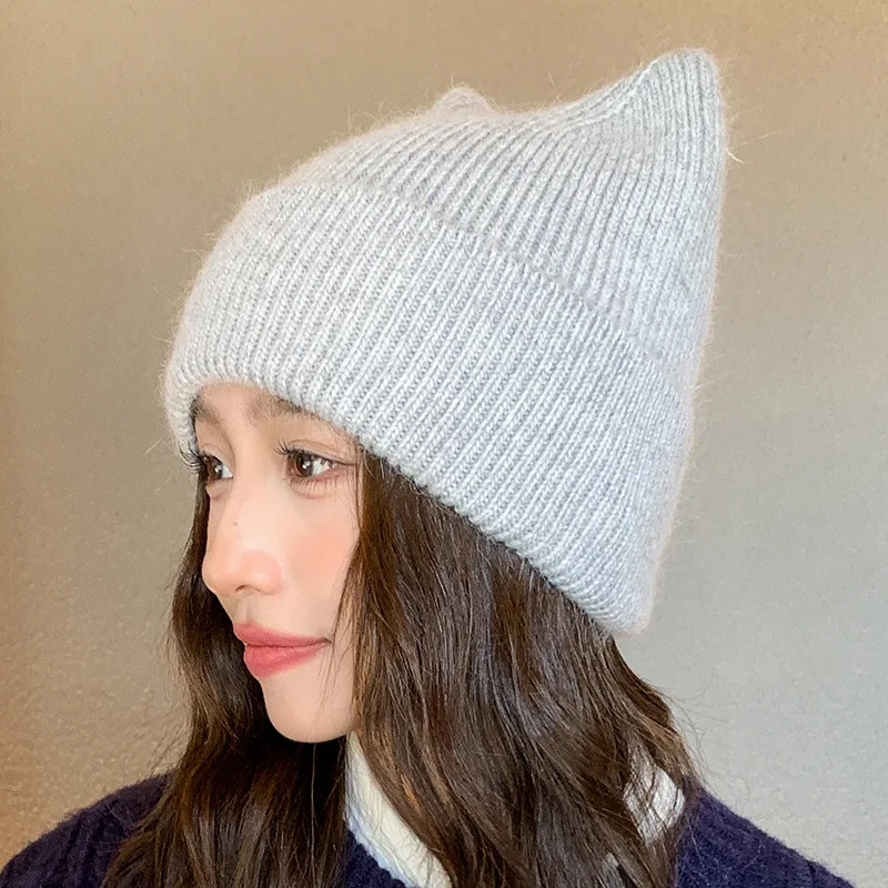 Angora Rabbit Hair Cute Cat Ears Beanies for Women Autumn and Winter Warm Ear Protection Sweet Versatile Pullover Knitted Hats