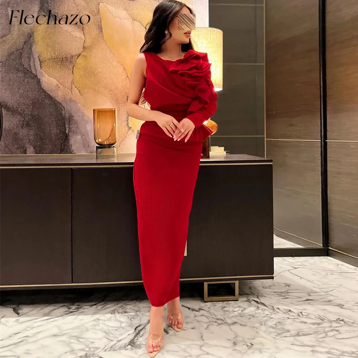 

Flechazo Red Evening Dresses One Shoulder Sheath Ruched Celebrity Dress Long Sleeve Ankle Length Formal Evening Gowns 2024