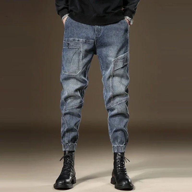 

Male Cowboy Pants Stretch Trousers Harem Jeans for Men Cargo Spliced Elastic Regular Washed 2024 Korean Autumn Plus Size Retro