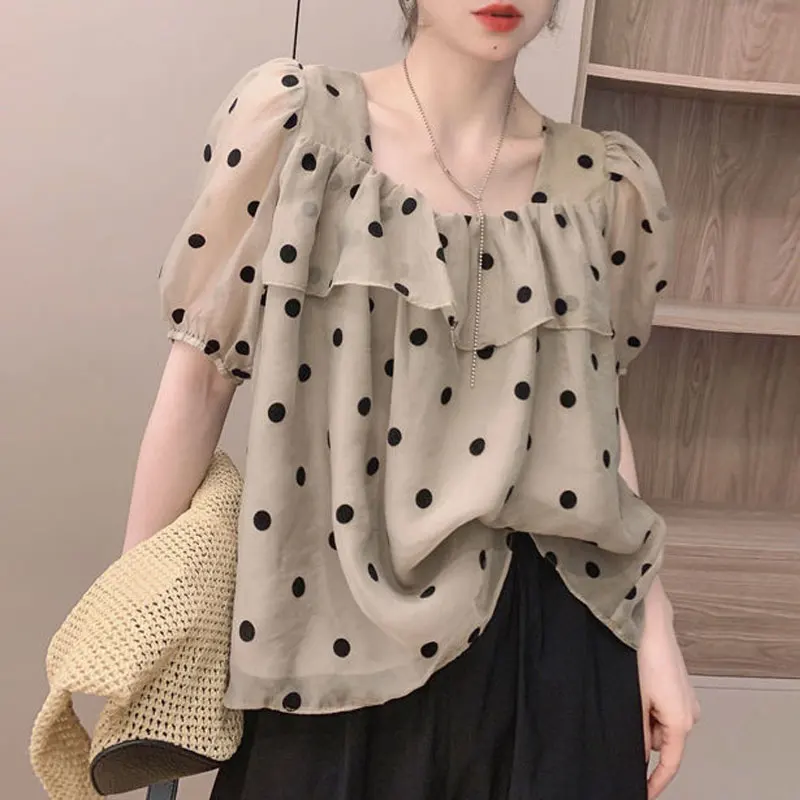 Summer Sweet Polka Dot Printed Shirt Women's Elegant Square Collar Ruffles Spliced Loose Casual Puff Sleeve Drawstring Blouse